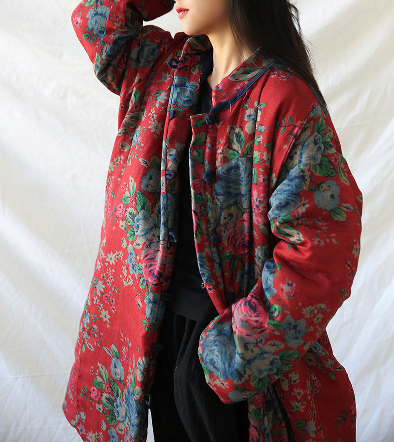 Retro Art Floral Print Cotton Coat