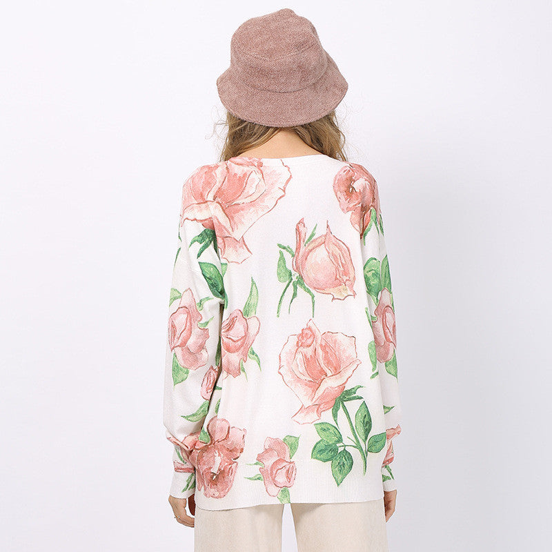 Women's Romantic Rose Print Knitted Sweater