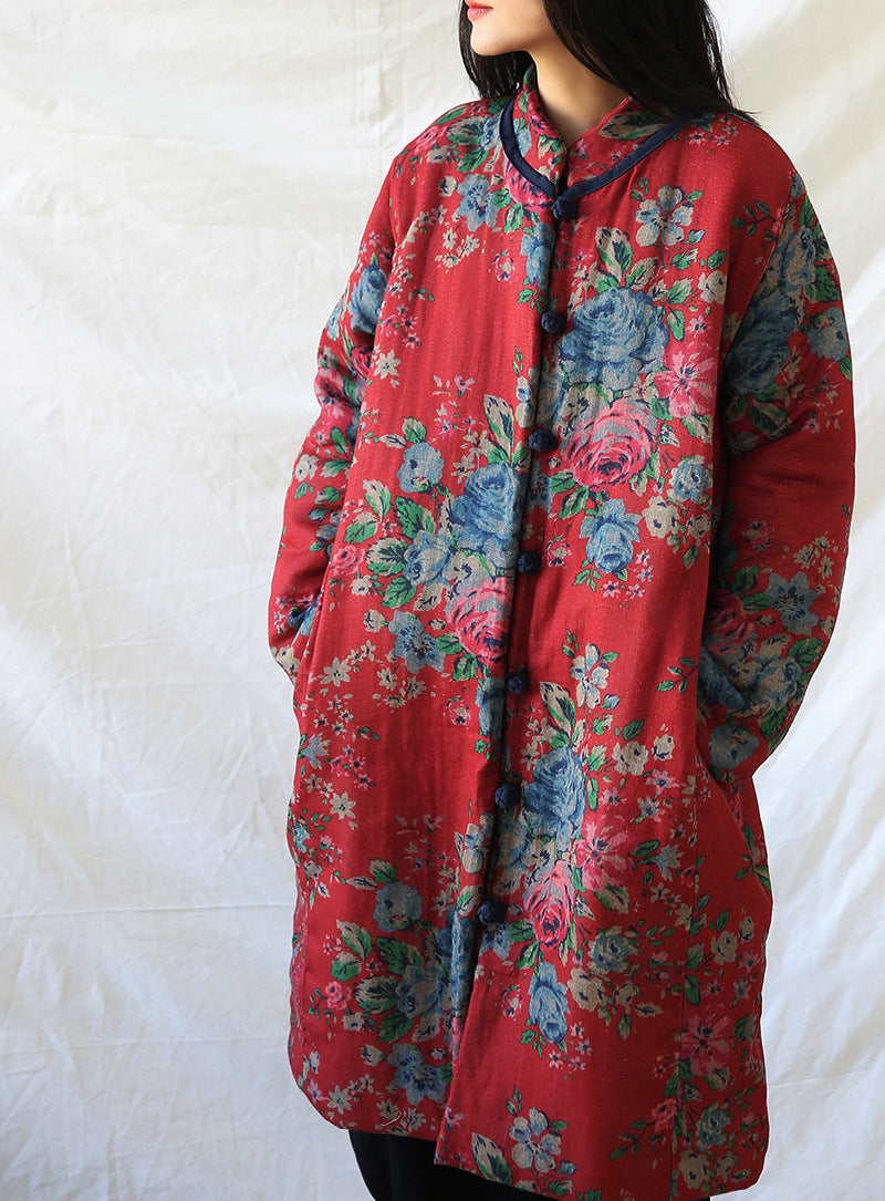 Retro Art Floral Print Cotton Coat