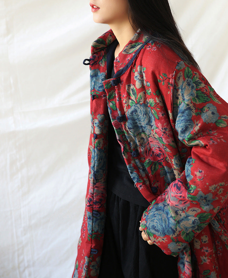 Retro Art Floral Print Cotton Coat