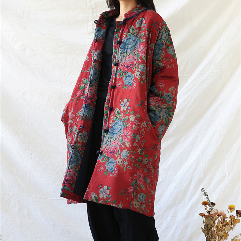 Retro Art Floral Print Cotton Coat