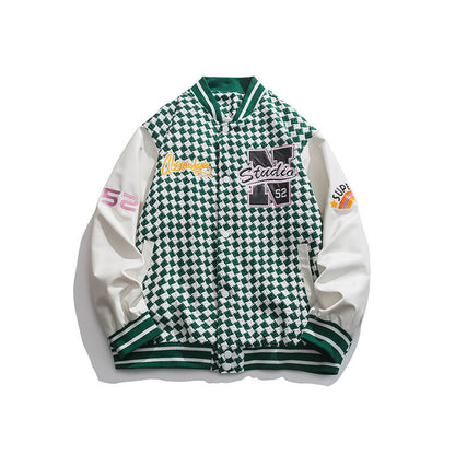 Houndstooth Letter Embroidered Baseball Jacket