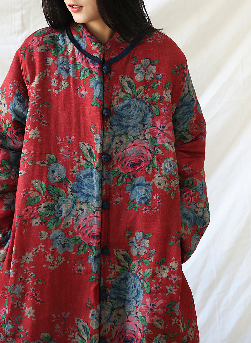 Retro Art Floral Print Cotton Coat