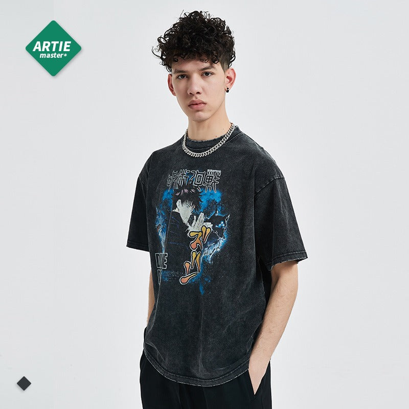 Anime cartoon washed and distressed short-sleeved