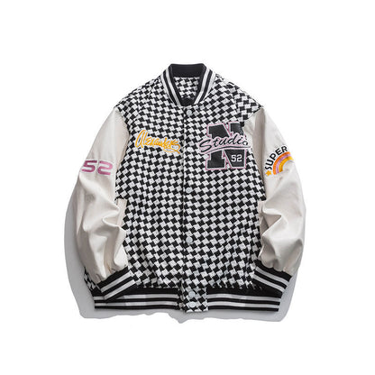 Houndstooth Letter Embroidered Baseball Jacket