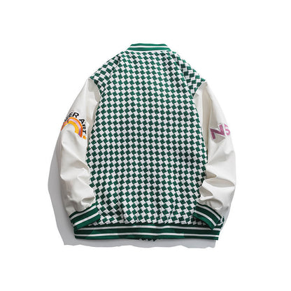 Houndstooth Letter Embroidered Baseball Jacket