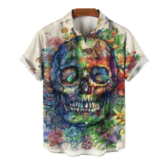 Camisa holgada informal con estampado digital 3D de cabeza de calavera retro