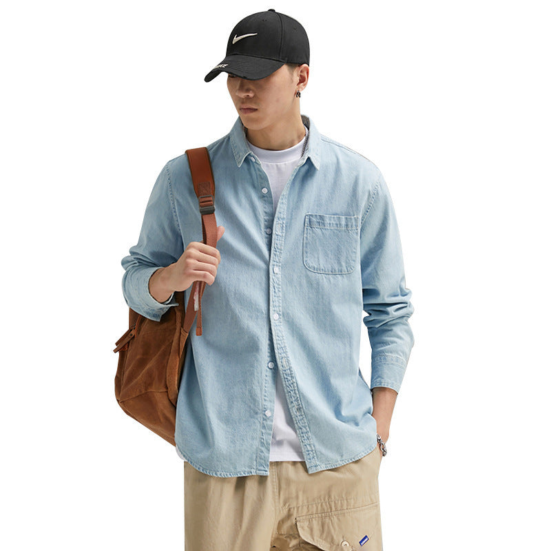 Men's Long Sleeve Solid Color Casual Thin Lapels Denim Shirt