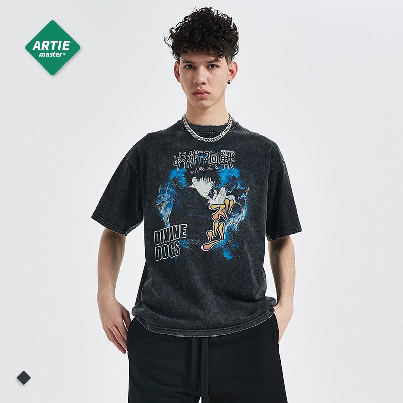 Anime cartoon washed and distressed short-sleeved