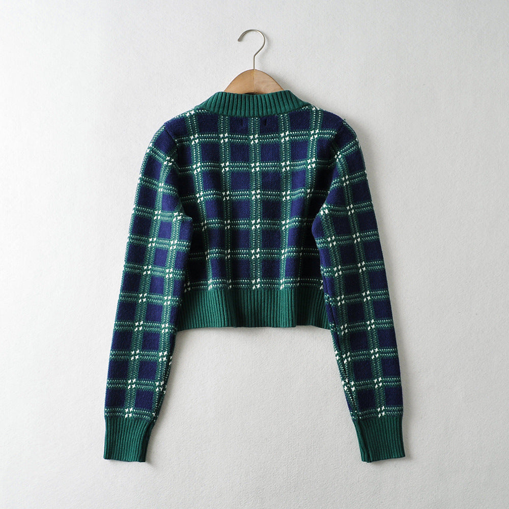 Loose V Diamond Retro Plaid Single-breasted Long-sleeved Knitted Cardigan Sweater Women