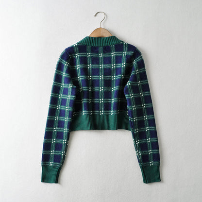 Loose V Diamond Retro Plaid Single-breasted Long-sleeved Knitted Cardigan Sweater Women