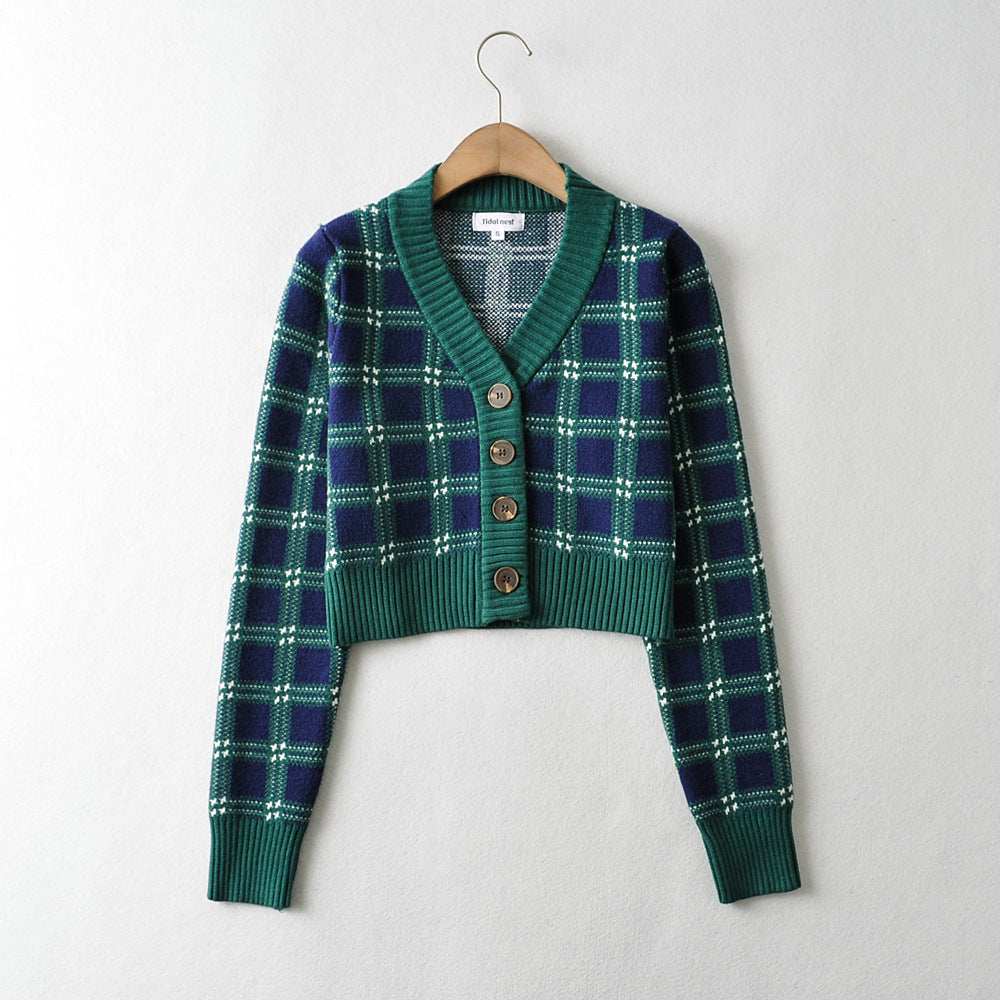 Loose V Diamond Retro Plaid Single-breasted Long-sleeved Knitted Cardigan Sweater Women