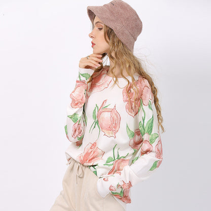 Women's Romantic Rose Print Knitted Sweater