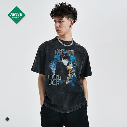 Anime cartoon washed and distressed short-sleeved