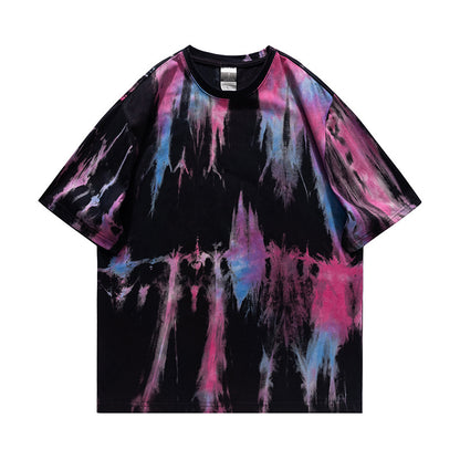 Camiseta de verano de algodón de manga corta con diseño tie-dye y cuello redondo a la moda, estilo Ins, color brillante