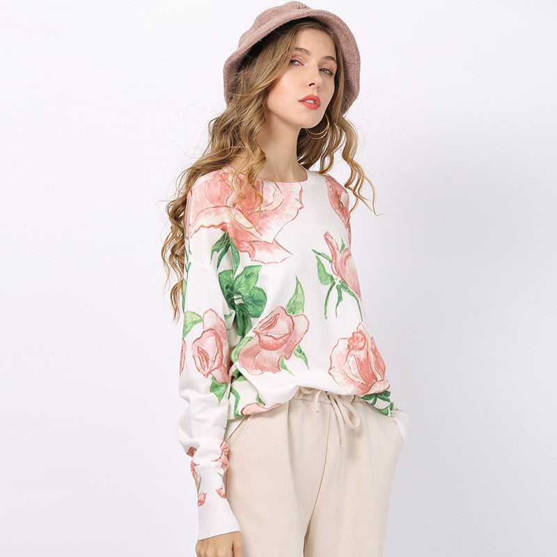 Women's Romantic Rose Print Knitted Sweater