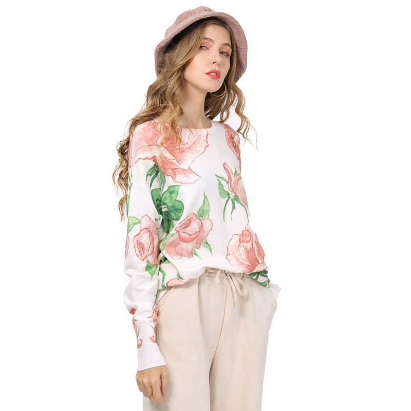 Women's Romantic Rose Print Knitted Sweater