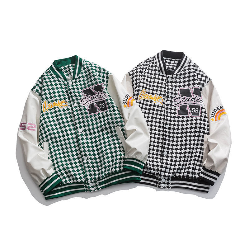 Houndstooth Letter Embroidered Baseball Jacket