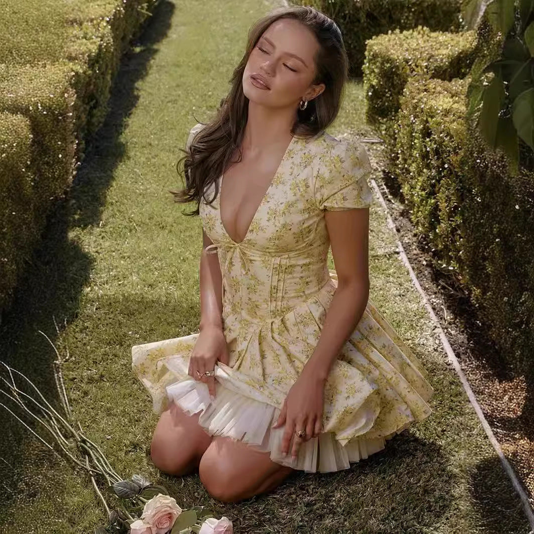 Vestido con escote en V y mangas abullonadas, estampado de flores amarillas, estilo francés, vestidos plisados ​​dulces, ropa de mujer