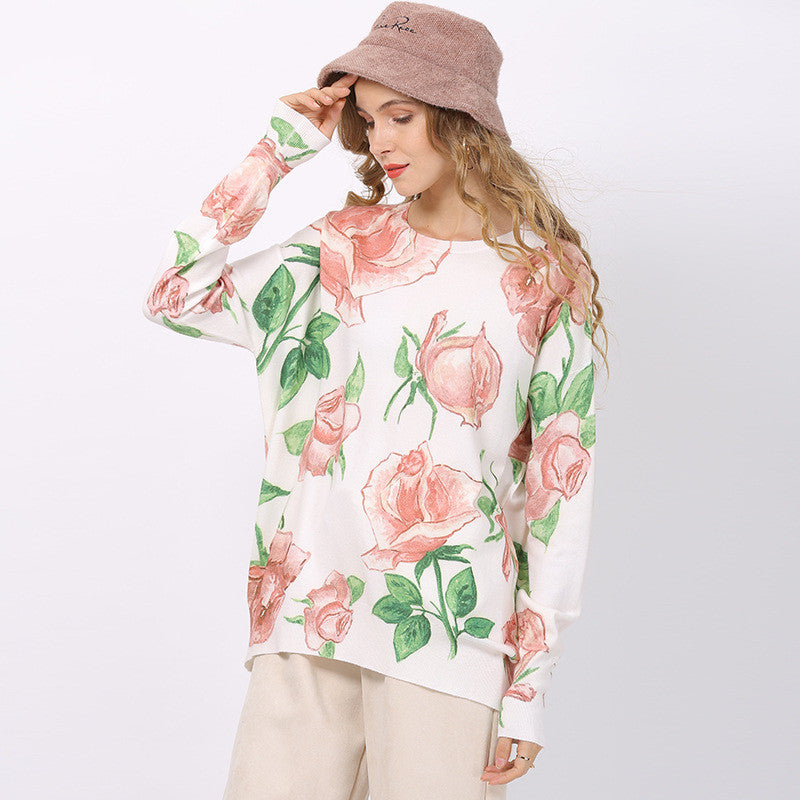 Women's Romantic Rose Print Knitted Sweater