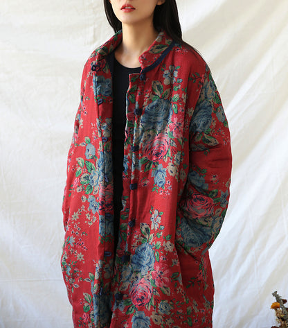 Retro Art Floral Print Cotton Coat